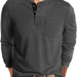 Mens Fashion Henley Shirts Long Sleeve Button Cotton T-Shirt with Pocket